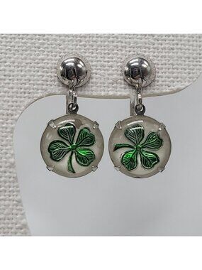 Vtg Green Four-Leaf Clover Screw Back Earrings Silver Tone Lucky Charm Jewelry
